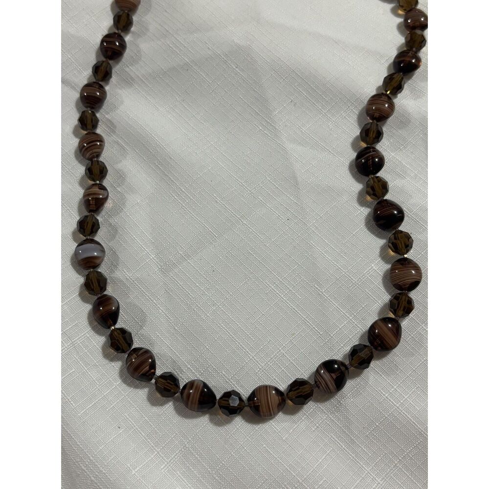 Vintage Brown Glass Beaded Necklace Graduated Round Marbled Beads